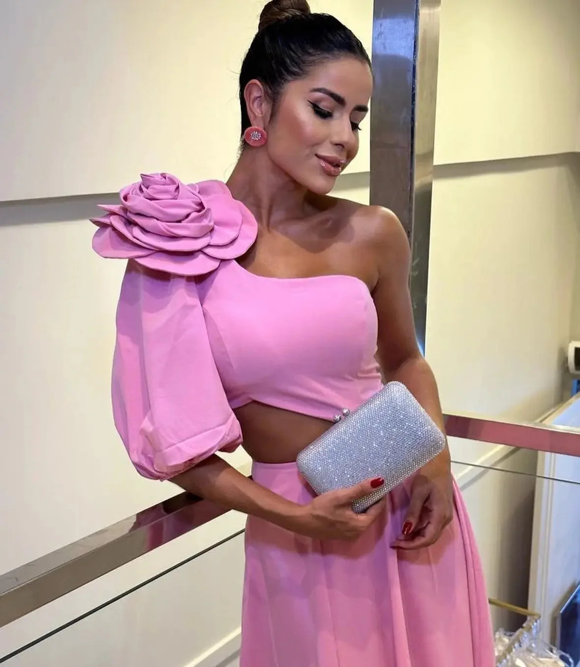 Summer Elegant Pink Dress with Ruffled Detail and Shoulder Flower Floral Women Summer Dresses