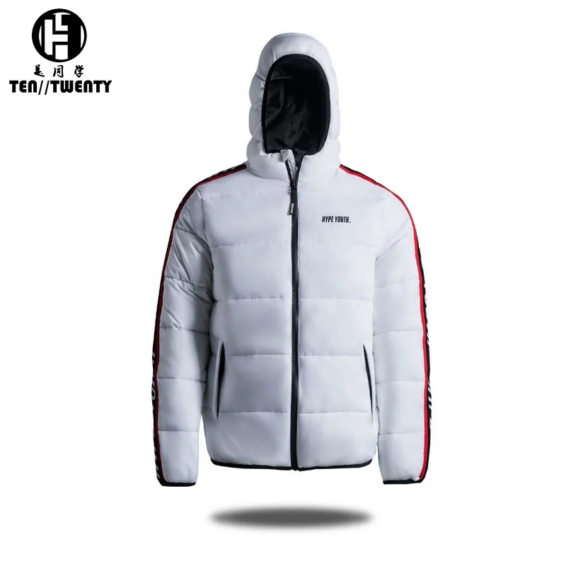 winter custom logo with hood warm sport down jacket tape from shoulder to cuff bubble puff filled down puffer jackets for men