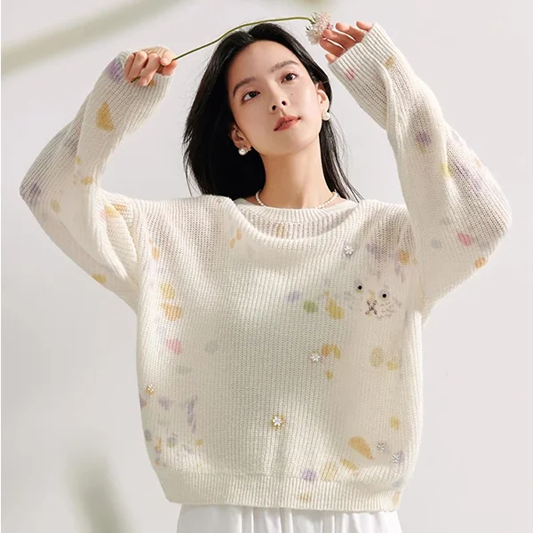 Fun cat print knitted blouse for women, spring and autumn 2025new round collar long-sleeved thin sweater top