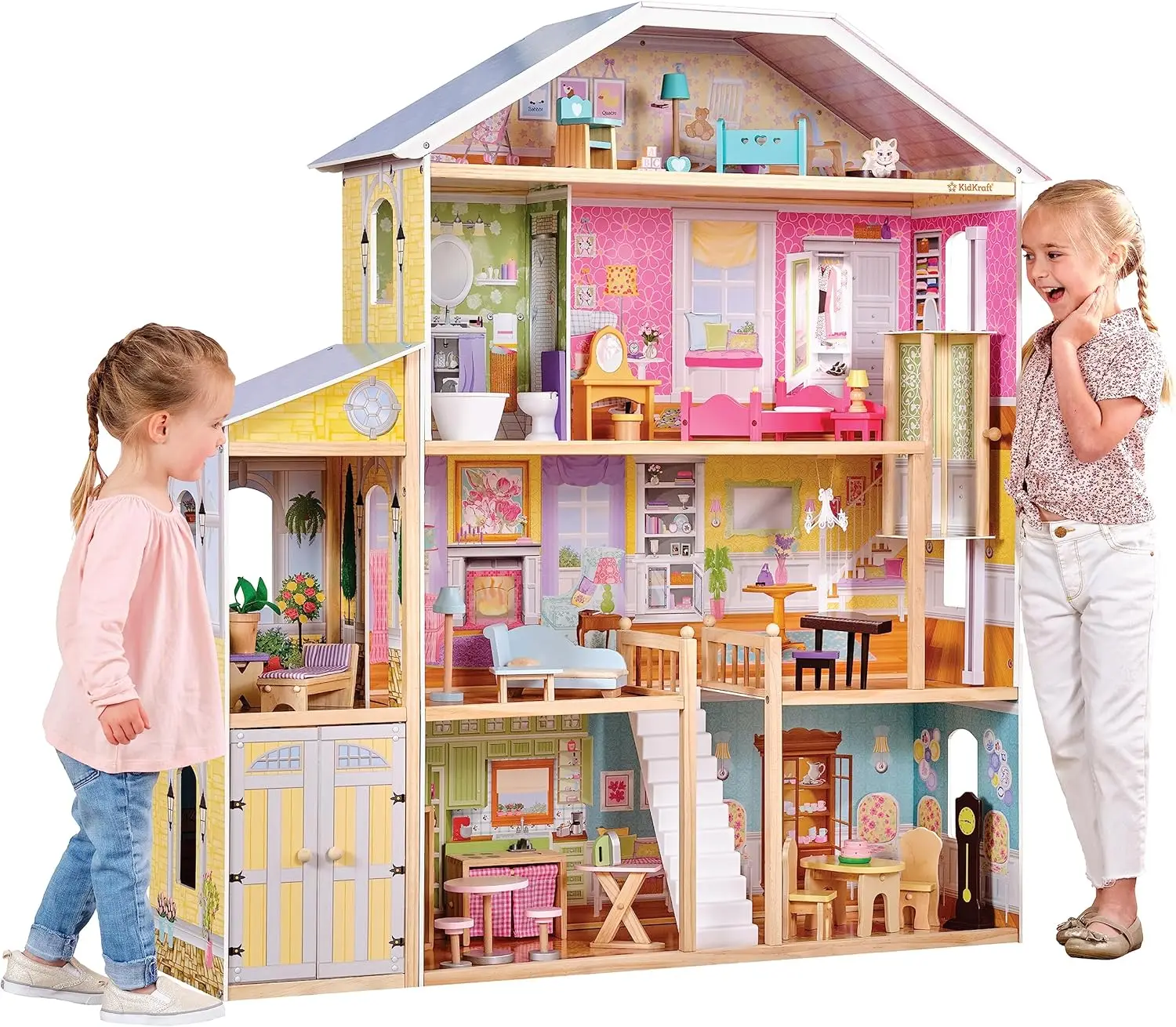 New Design Wooden Dollhouse with 34-Piece Accessories, Working Elevator and Garage, Gift for Girls Ages 3+