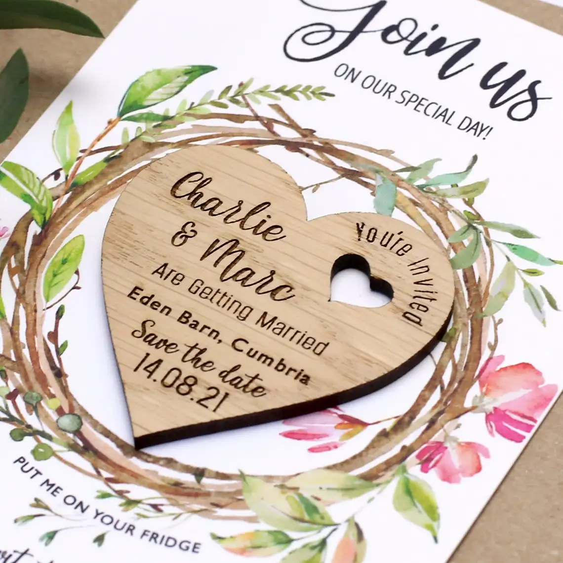 Personalised Luxury Save The Date Wooden Heart Wedding Magnets With Cards
