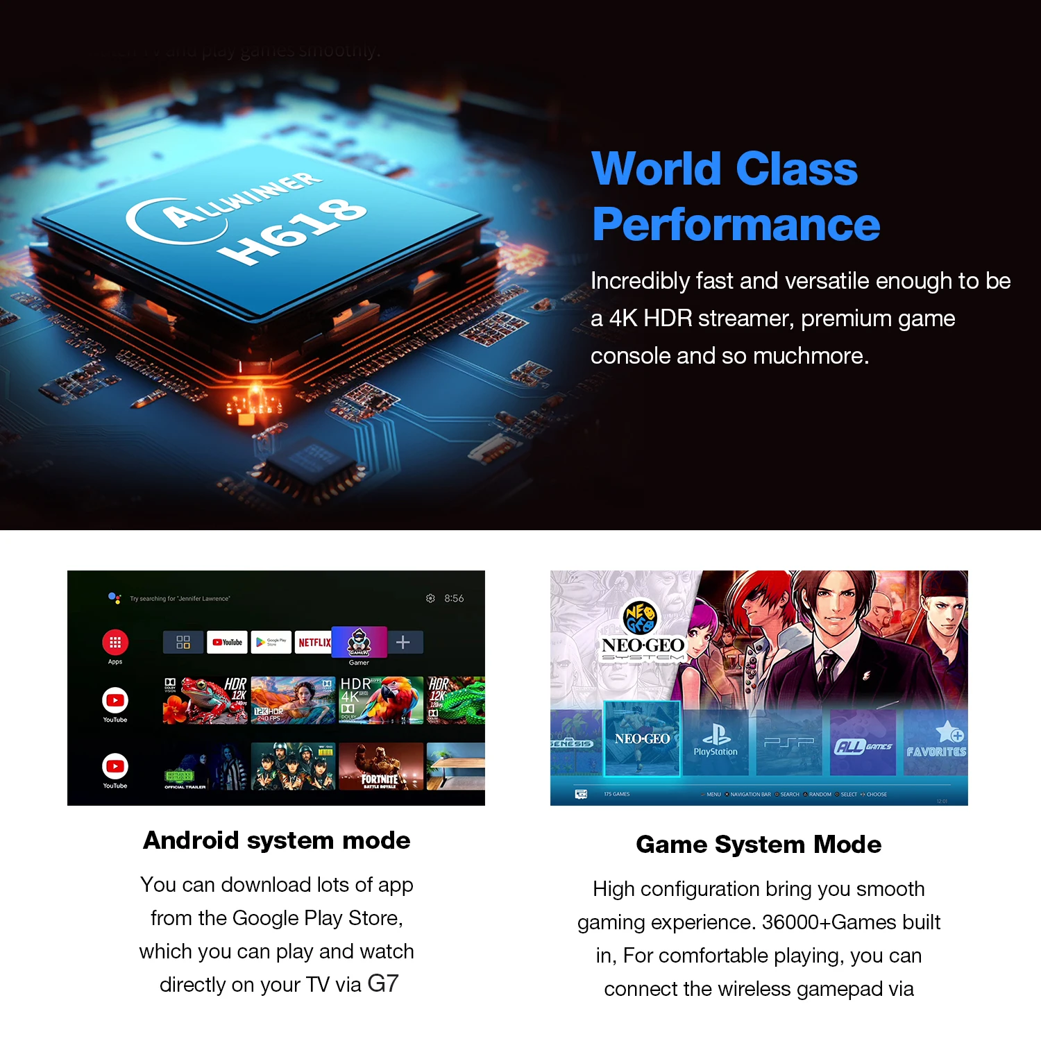 G7 проигрыватель видеоигр 64 ГБ allwinner h618 android 14 двойная система 4k TV box 20000 + Ретро игры беспроводные геймпады игровая консоль