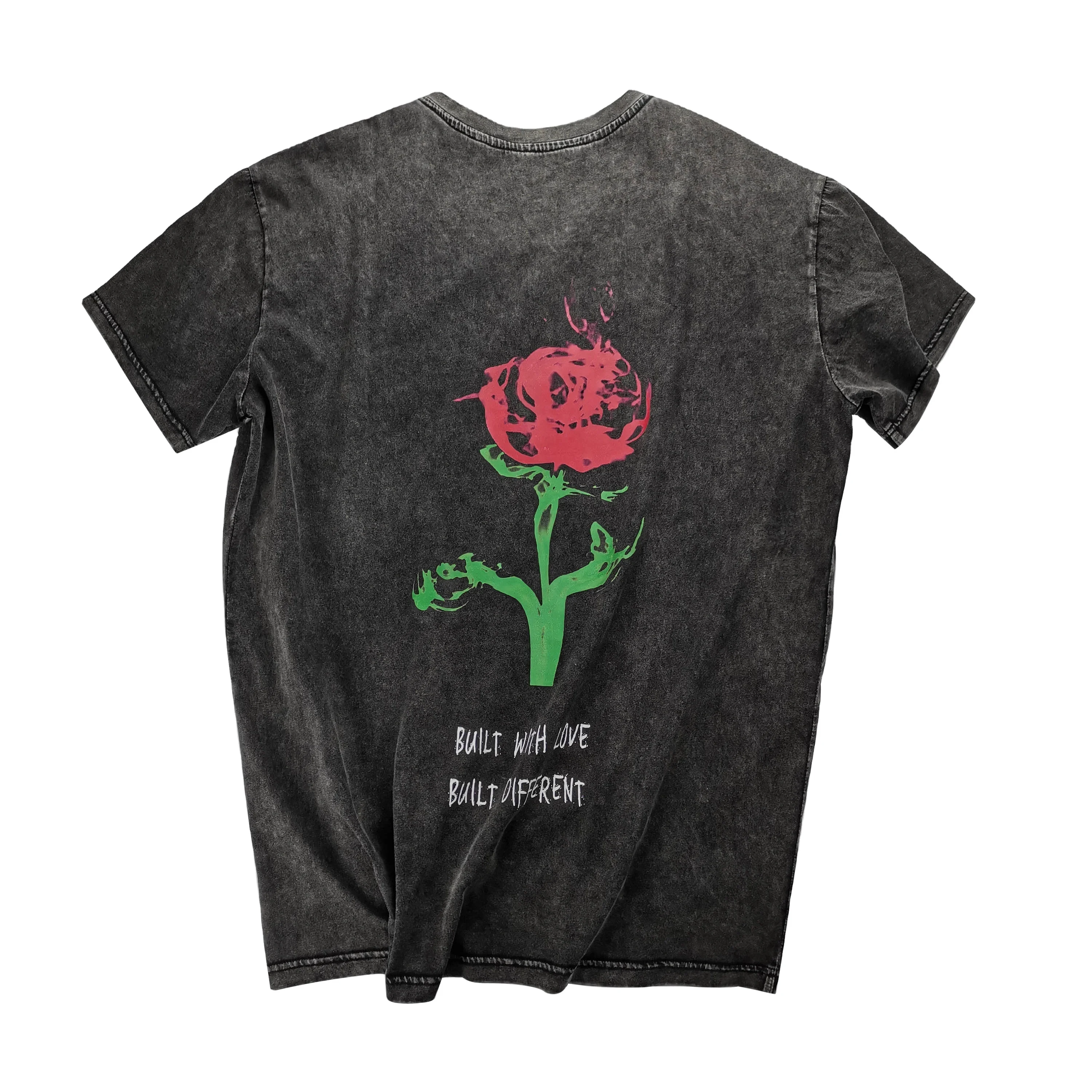 Customized Oem Dark Materials Vintage Slim Fit Tshirts Rose printed short sleeve T-Shirt Men  Hip Hop Acid Wash  T-Shirt for men