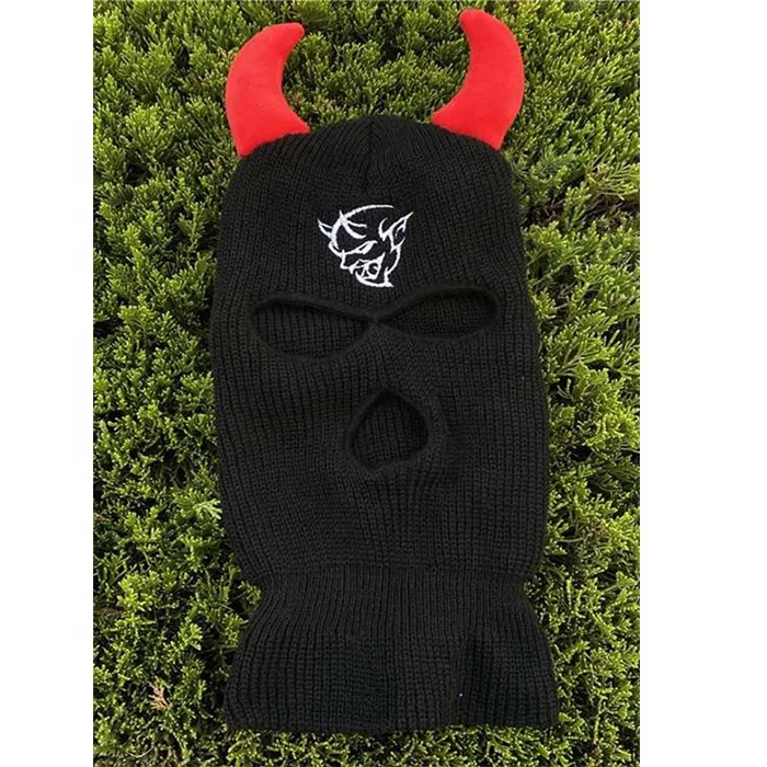 Custom winter horns ski mask beanie knitted black designer ski mask 3 hole