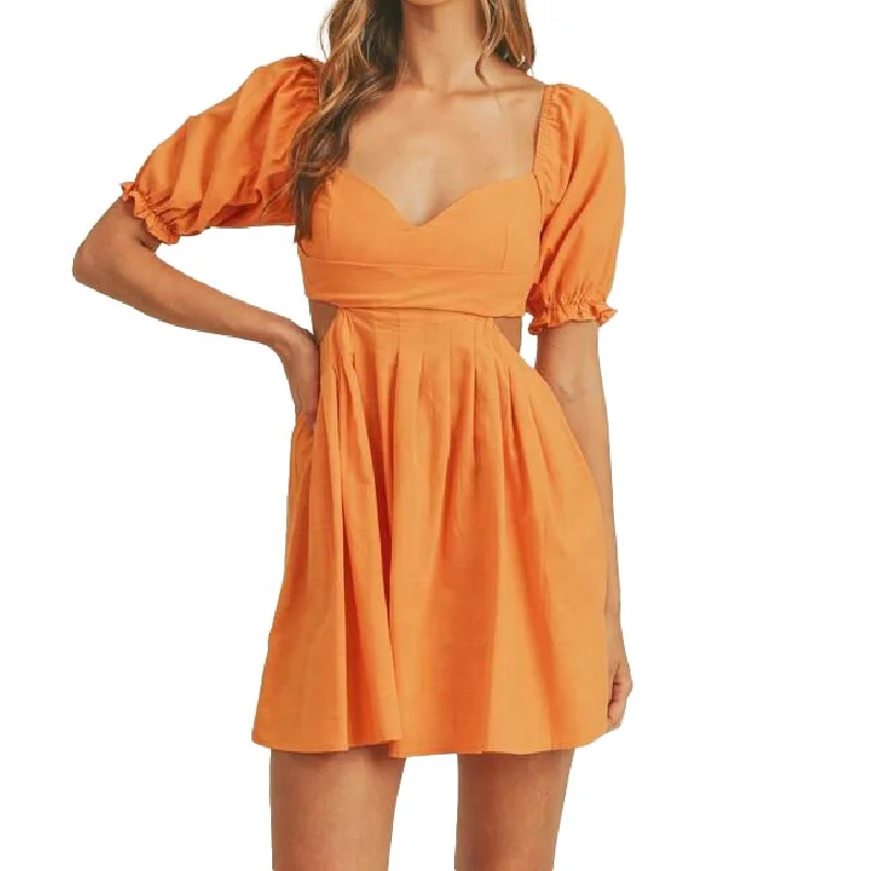 100% cotton sexy heart neckline puff sleeve cutout lace up summer casual beach mini dresses