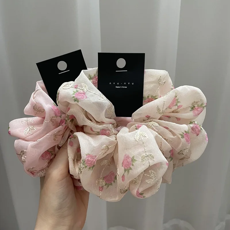 High Quality Korean Embroidery Floral Large Size Elastic Hair Scrunchies Girls Daily Accessories Sweet Hair Ties Hair Band