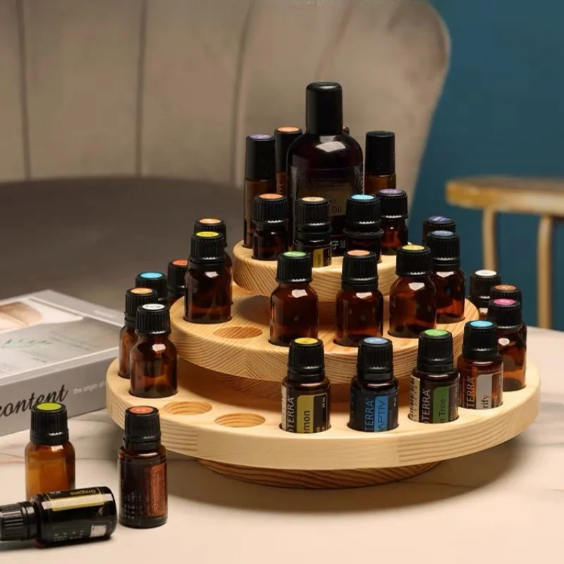 Bamboo Wood Essential Oil display stand 360-degree rotating solid wood lipstick sub-bottle desktop storage display plate