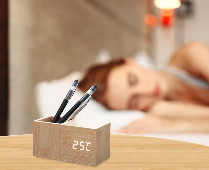 Multi-functional Creative Decoration Temperature Desk Alarm Clock Pen Holder With Wood Digital LED Wooden Alarm Table Clock