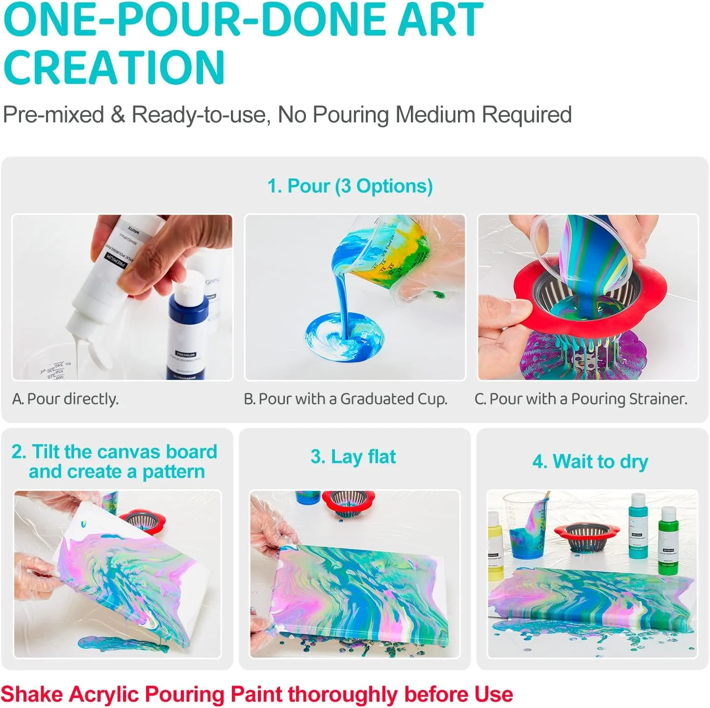 Acrylic Pouring Paint Set (60ml/2oz each) High Flow No Mixing Needed Assorted Colors for Pouring on Canvas Glass Wood DIY