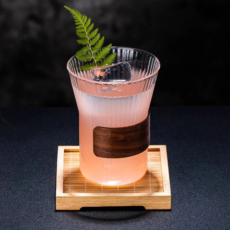 Japanese Style Handmade Vertical Stripe Coffee Mug With Bamboo Ring Glass Drinking Tea Cup with Wood Anti-scalding design