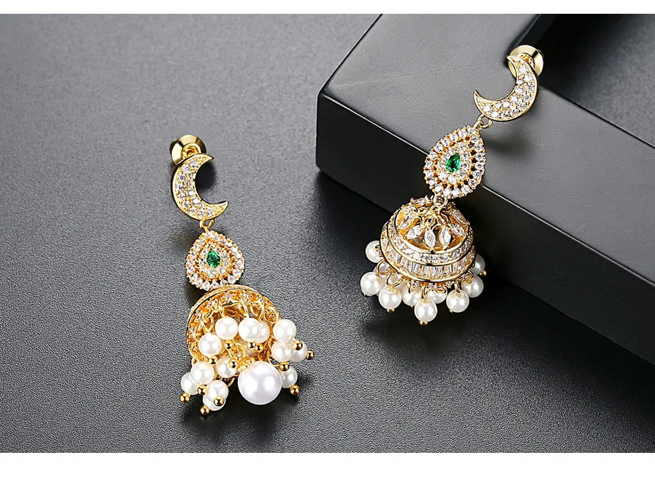 E-2017100514 Sale Well Gold Plated Long Drop Moon Water Drop Zircon Stud Earrings