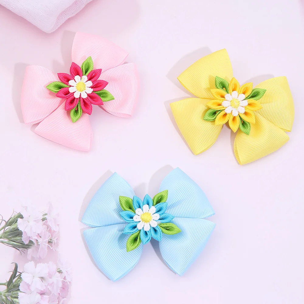 3 Inch Japanese Style Irish Hair Bows Kanzashi Tsumami Flower Ribbon Hair Clips with Alligator Clip