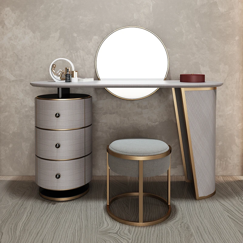 Italian Style Irregular Shape Leg Gray Dressing Table With Round Mirror And Large Storage Bedroom Furniture Set Dresser Table