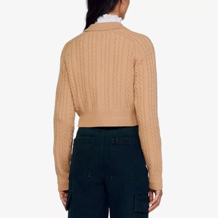 knitwear manufacturer custom spring autumn brown polo collar long sleeve zipper cable knit wool sweater women