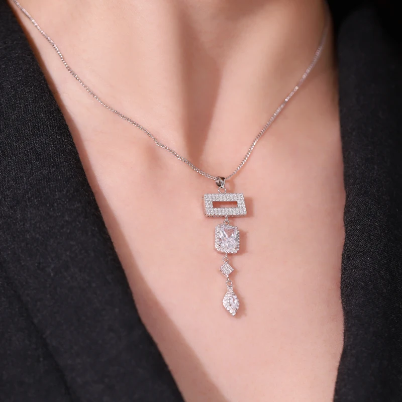 Chinese Factory Wholesale Women Luxury Jewelry AAA cubic zircon drop necklace square zircon necklace Long Pendant Necklace