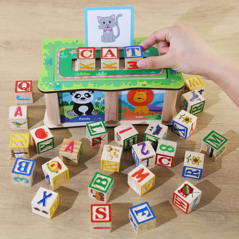 Wood 2024 New Design Unisex Toys Montessori Early Educational Multi-function Building Blocks Spelling Game Matching Box for kids
