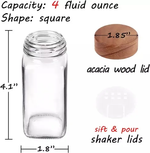 Kitchen Accessories Wholesales New Square Spice Jar Set Glass Acacia Wood Lid 4OZ for Spice Rack with Label
