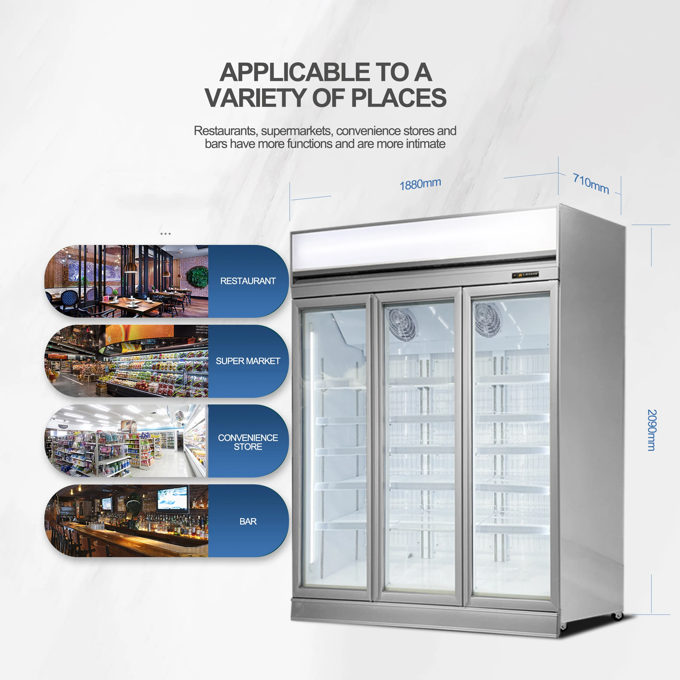 Commercial Beverage Fridge Beer Cooler 1600L Transparent Glass Door Supermarket Upright Display Freezer