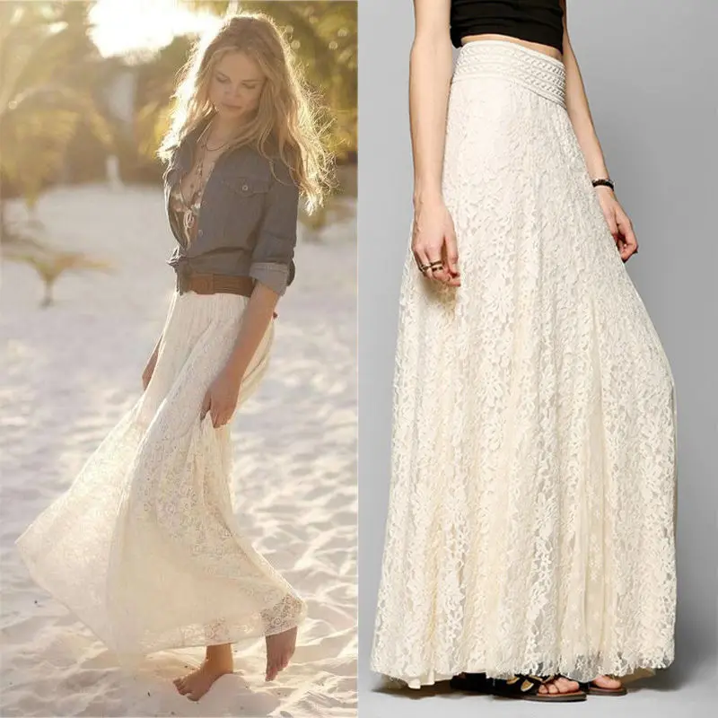 
New European And American Style Women Pleated Solid Mesh Lace Layered Boho Summer Long Maxi Skirt Girl Beach Clothing 