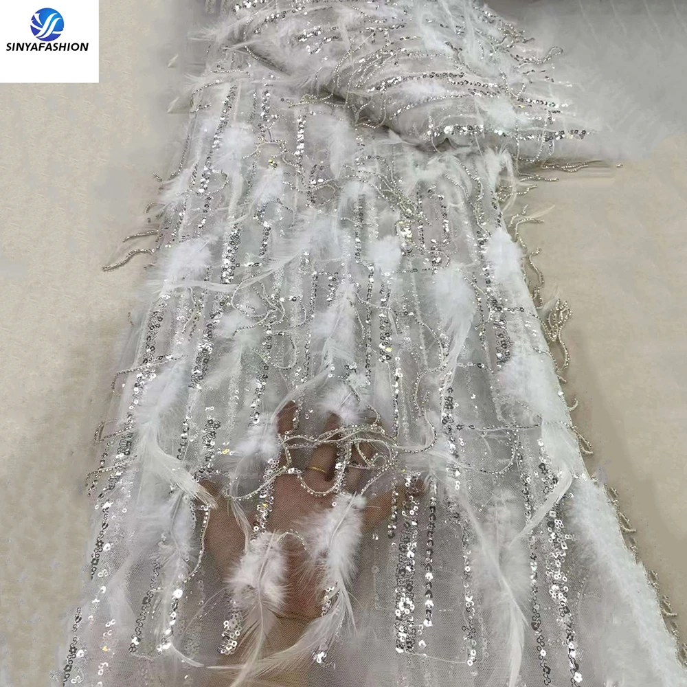 Sinya Gorgeous Sequins Beads Tassels African Tulle Embroidered Wedding Bridal Sewing Dress Luxury 3D Feather Lace Fabric