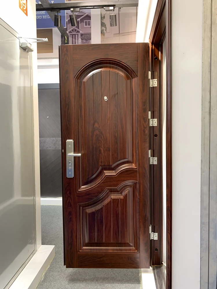 
Luxury Steel Doors Exterior Brown Wood Grain Classical Indian House Main Gate Designs 