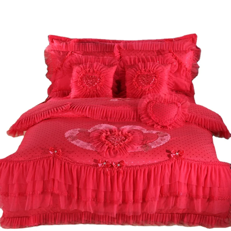 American style Cotton rose print Lace Embroid Rose Red Wedding Bed Cover