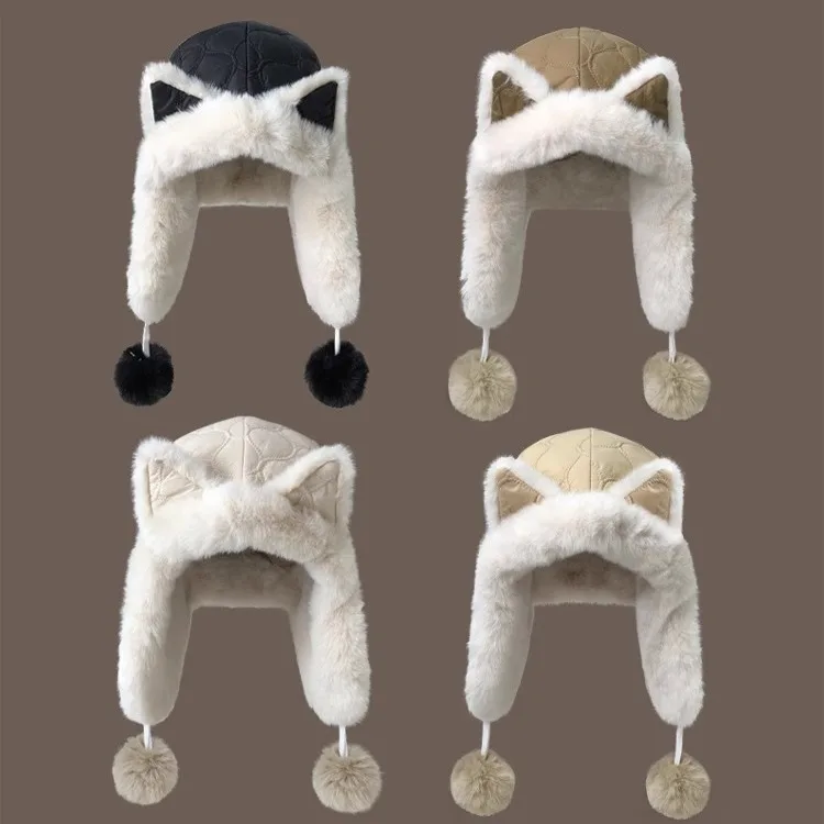 Lei Feng Winter Hat for Outdoor Skiing Warm Ski Trapper Cap Women Men Adult Winter Cute Cat Ears Plush Aviator Hat With Pompoms