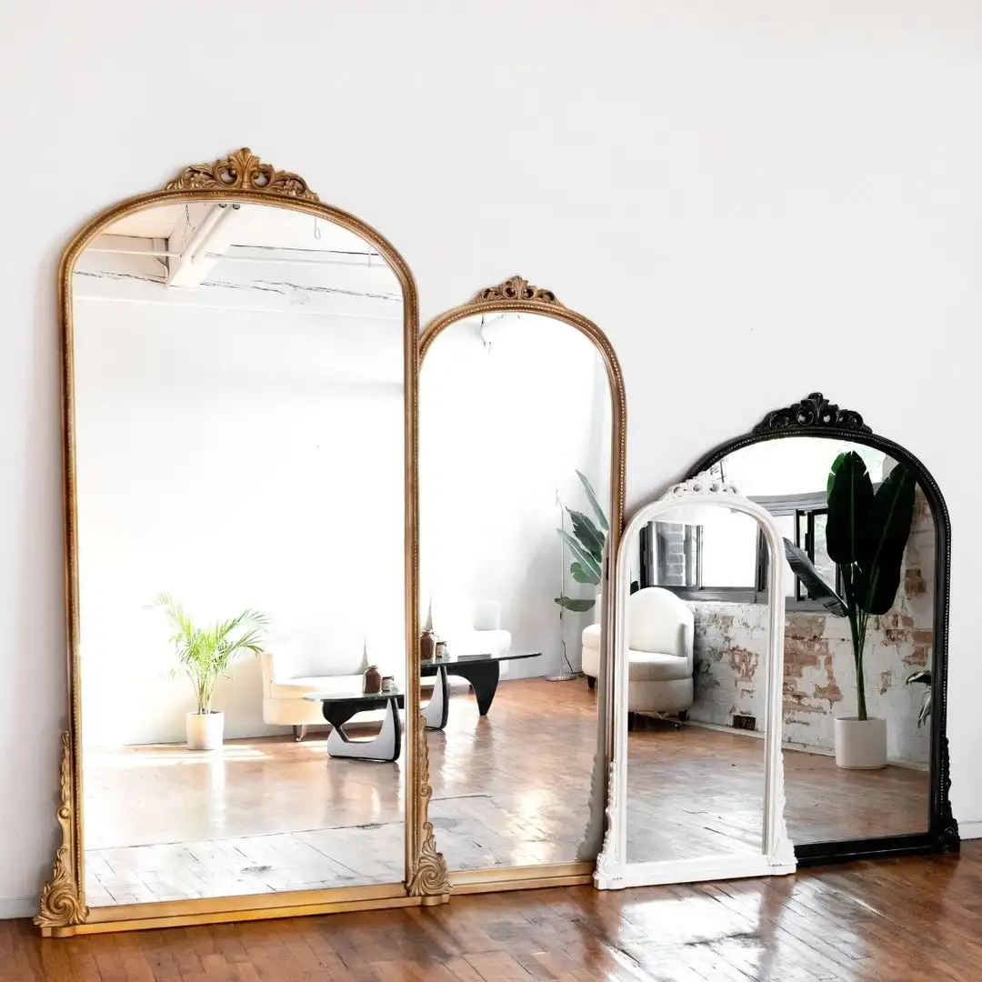 French Vintage European Style Fitting Mirror Full Body Dressing Mirror Arched Carved Home Bedroom Wall Mounted Floor Mirror