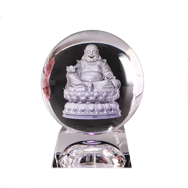 Custom Size 3d Laser Engraving Crystals Bodhisattva Decorating Christmas Clear Crystal Ball With Base