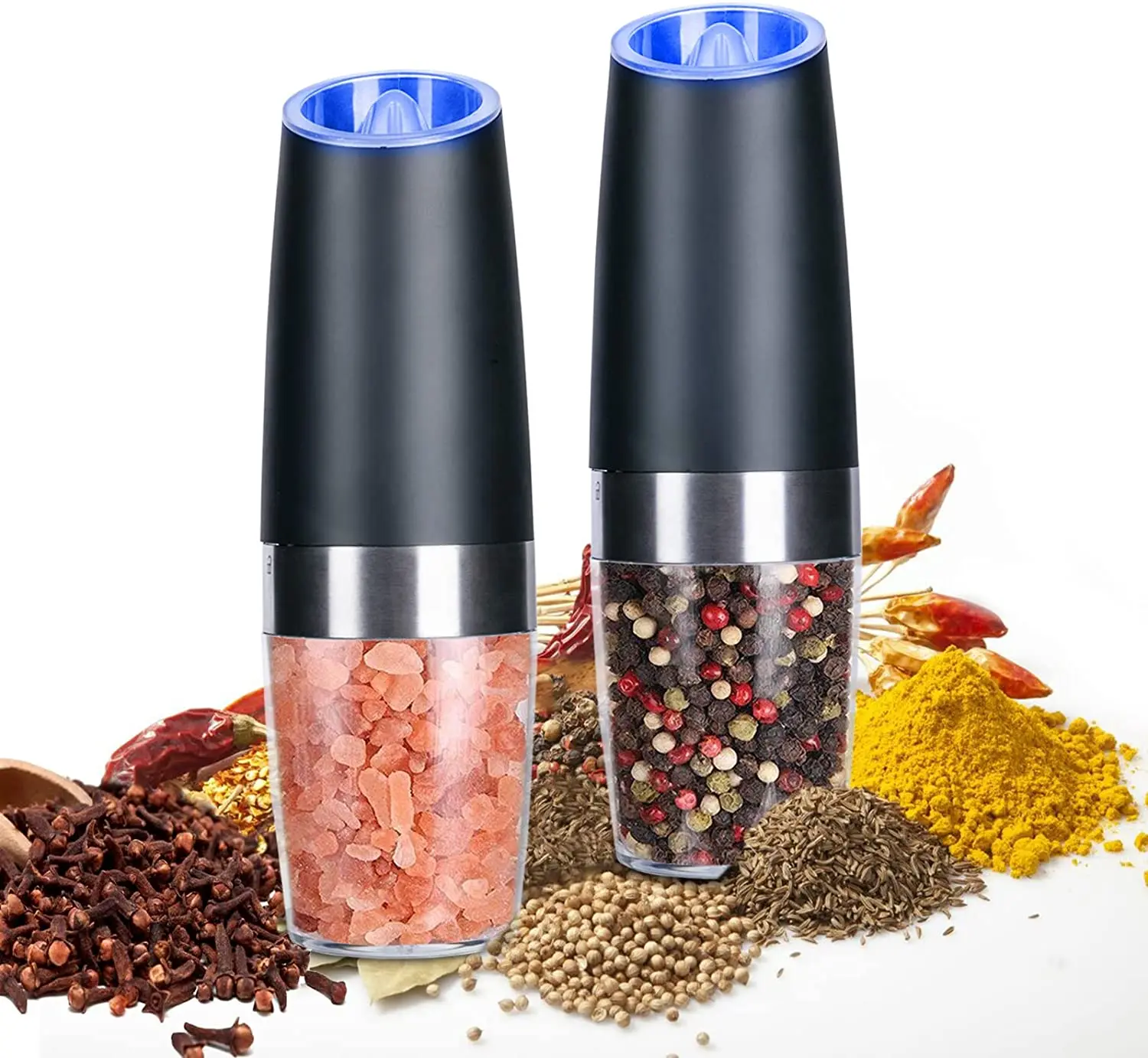 Electric gravity salt and pepper grinder set spice jar rechargeable Black pepper mill grinder with blue light and stand