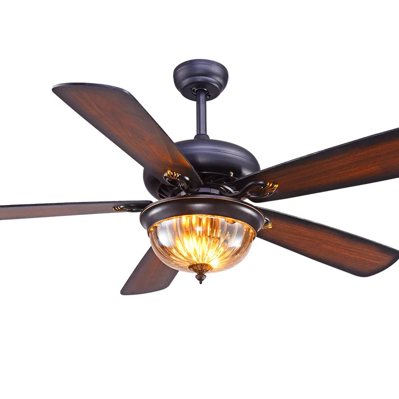 Industrial Solid Wood 5 Blade Remote Control Retro Ceiling Fan Lights Switch Control Ceiling Fans for Home Ceiling