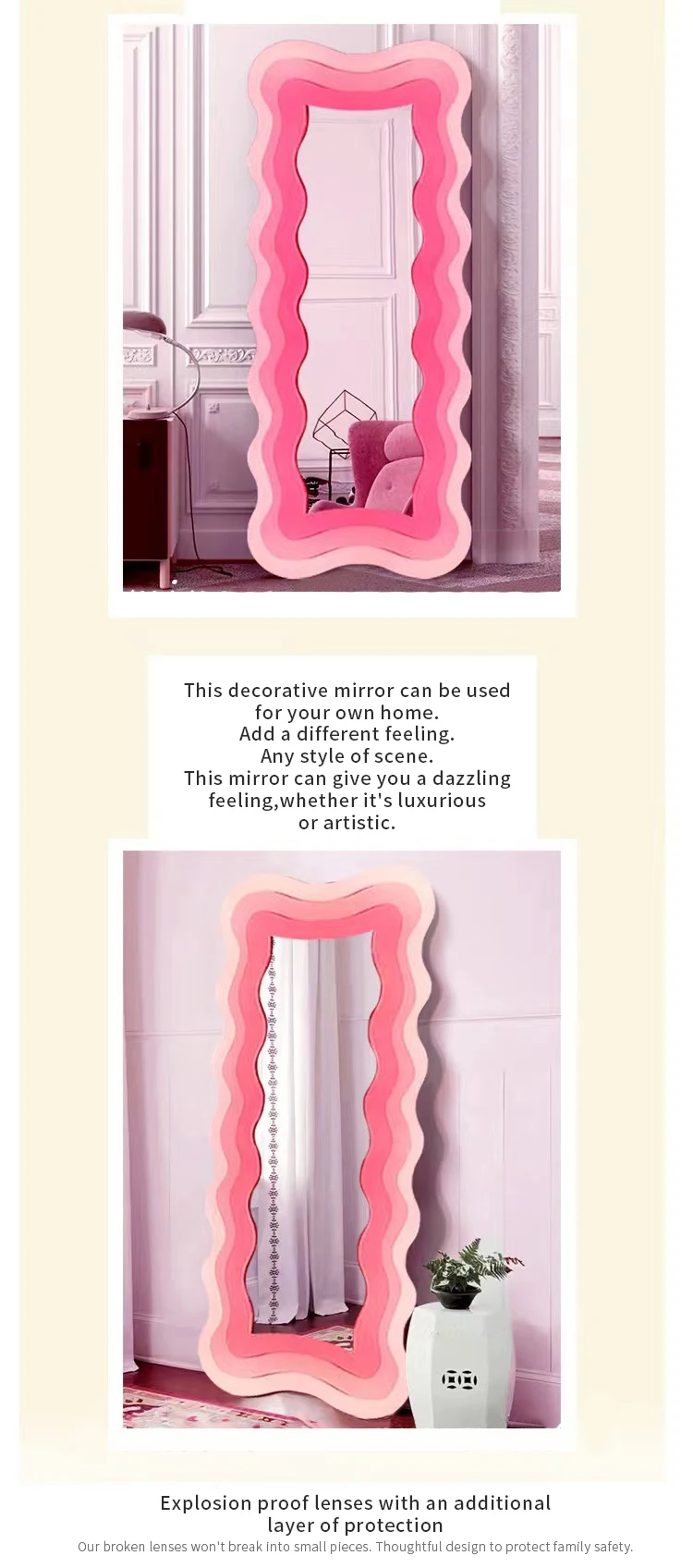 Hair Salon Decoration Wavy Frame Mirrors Rainbow Irregular Wavy Frame Aesthetic Vanity 3D Led Floor Mirror