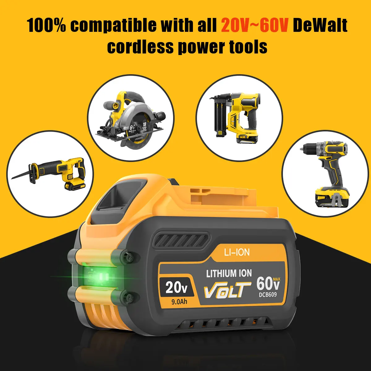 Replacement Li-ion Battery for Dewalt 20V/60V/120V DCB606 DCB609 DCB205 DCB204 DCB206 DCB209 DCB182 PowerTool