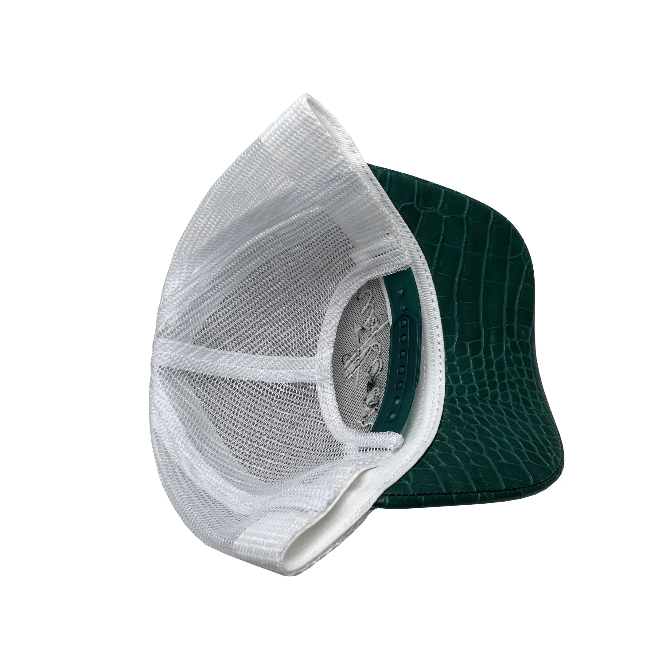 fashion custom high crown mesh back stain 5 panel trucker hat with PU leather brim