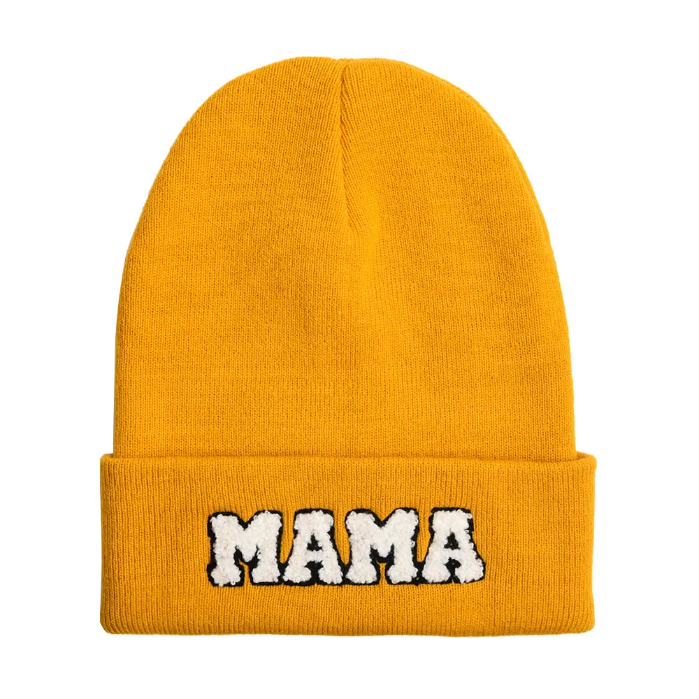 New Design Autumn Winter MAMA MINI Chenille Letter Embroidery Solid Color Warm Knitted Beanie Hat (1600608746528)
