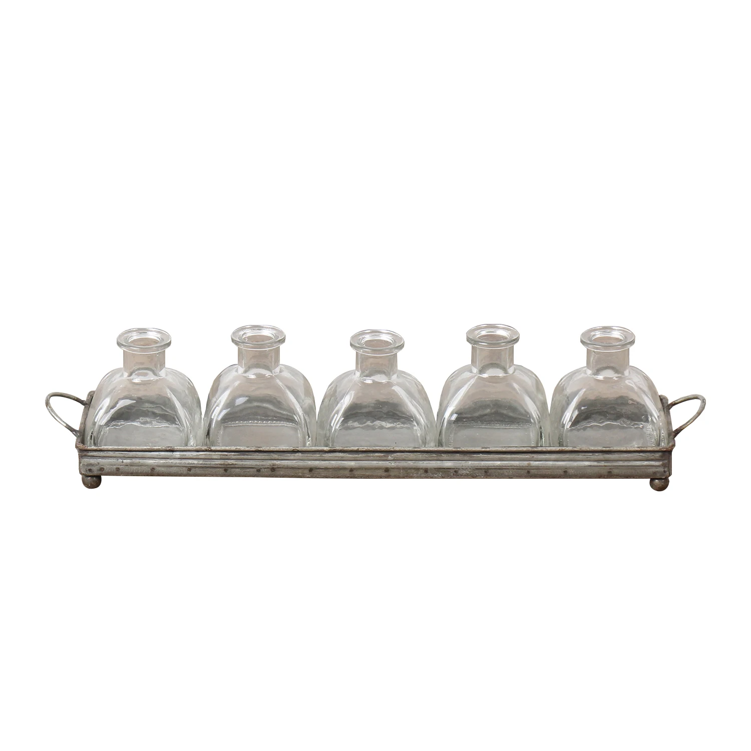 HYKING Rustic Vintage Glass Vase Set Bottles with Metal Tray Farmhouse Glass MATT Tabletop Vase for Tabletop Decoration