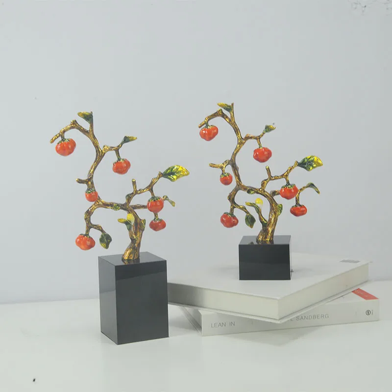 Traditional Alloy Hand-painted Enamel Persimmon Tree Household Ornaments With Marble Or Crystal Base