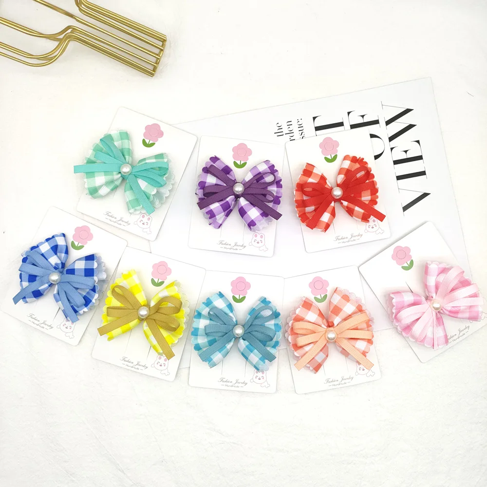 Wholesale Custom Designer Plaid Ribbon Bow Hair Clip For School Kids Sweet Cute Color Ribbon Hair Bow Clip for Women Baby Girls
