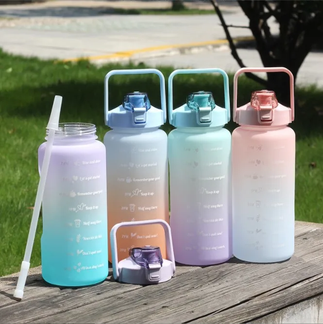 Hot Selling Big Capacity 2L Straw Jug With Handle Gradient Color Plastic Water Bottles In Bulk