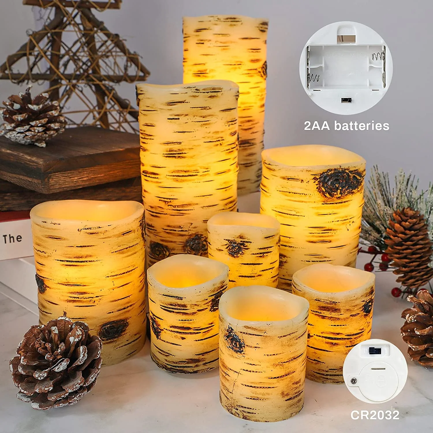 High Quality Flickering LED Candles Christmas Flameless Candles with Remote Real Wax Birch Bark Candle Lights for Home Bookcase