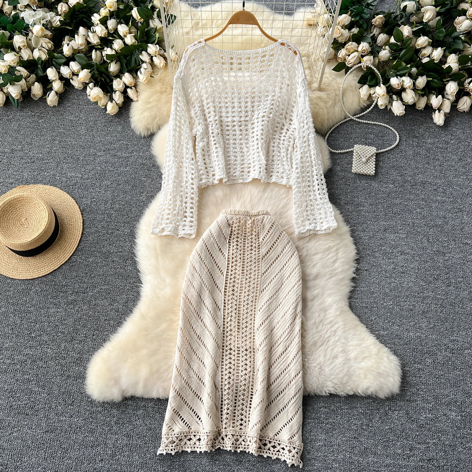 Korean Loose 2 Piece Set For Women Top And High Waist Slim Knitted Hip Skirts Set Ropa Wholesale