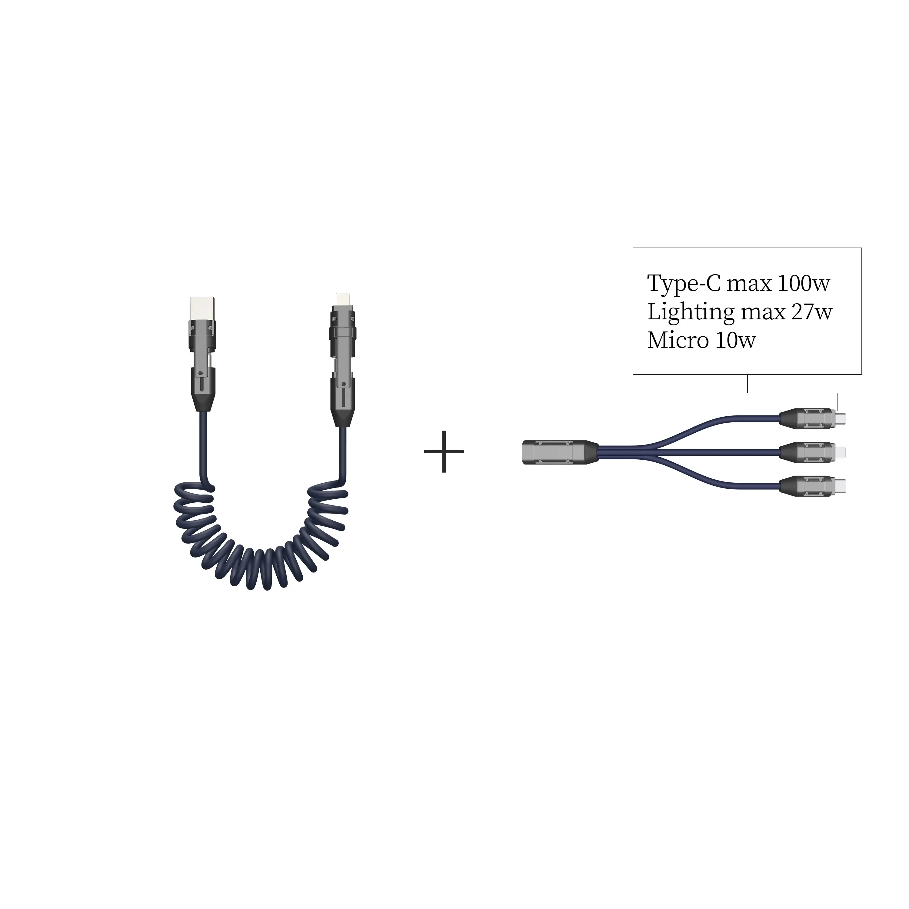 240w USB 2.0 3-in-1 Type-C Micro aluminum alloy lighting adapter combined data cable and 4-in-1 spring USB cable