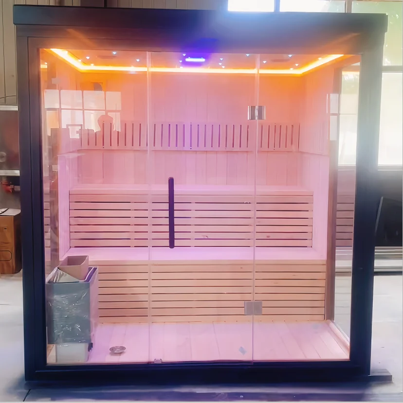 Modern Outdoor Sauna Room With Panoramic Glass Doors and Wood Finish for Home Spa