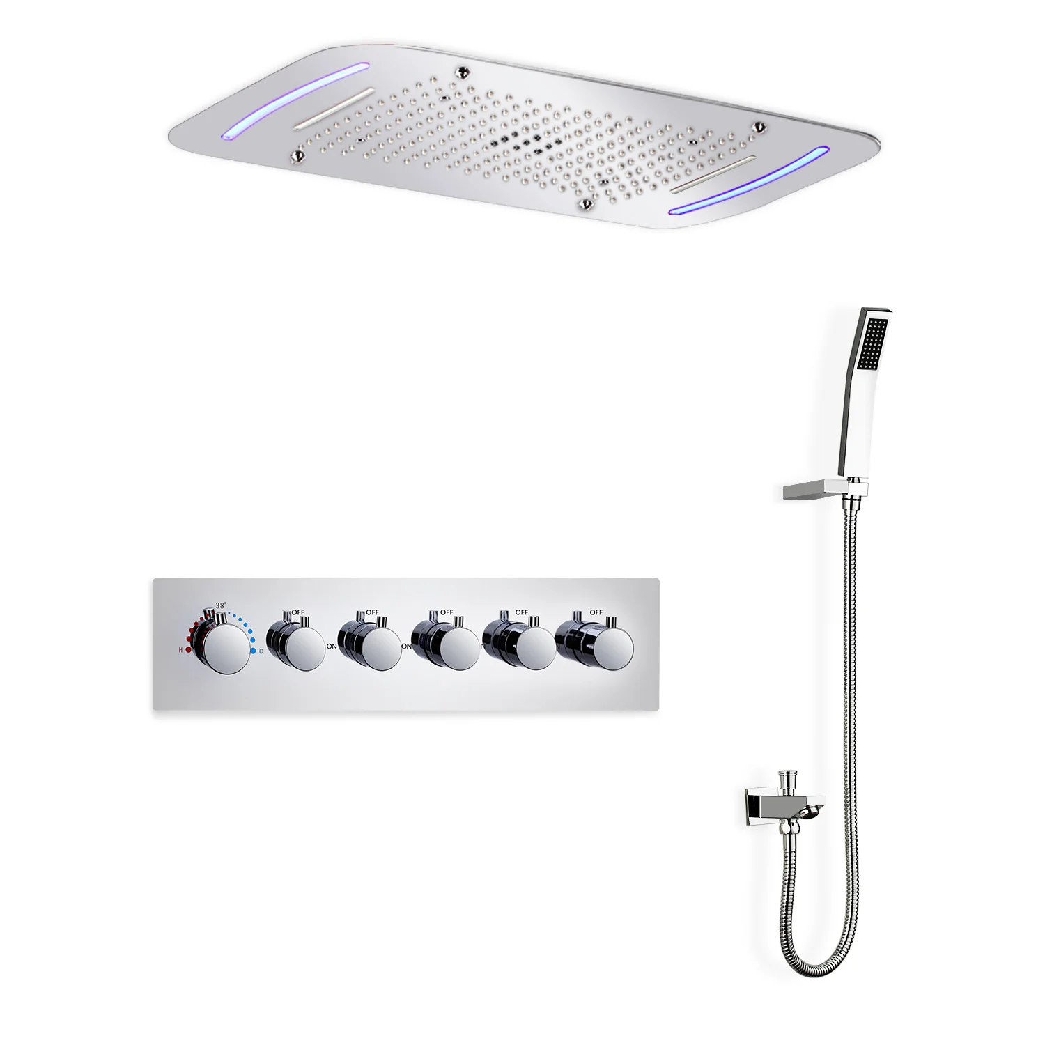 Spa Rain Shower Chrome Color Bathroom Shower Led Concealed 470*710 mm  28 inches  Large Thermostatic Change Color Shower Faucet