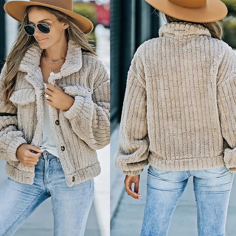 Hot Sale Casual Fashion Solid Color Fleece Button Up Women Winter Coats For Ladies