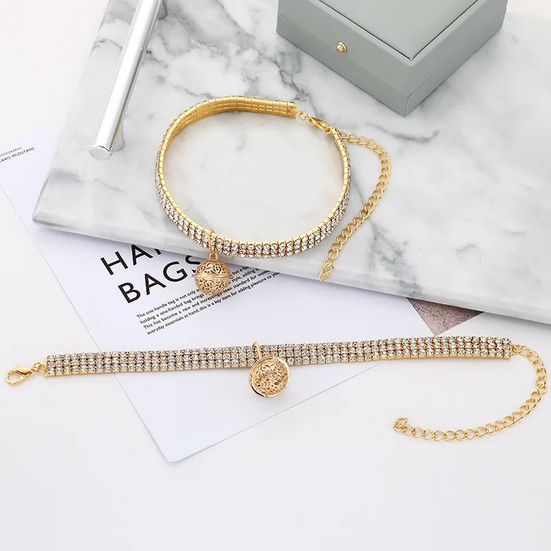 NJC Wholesale Luxury Resilient Bling Crystal Rhinestone Pet Necklace Jewelry Cat Dog Shiny Collar With Bell Pendant