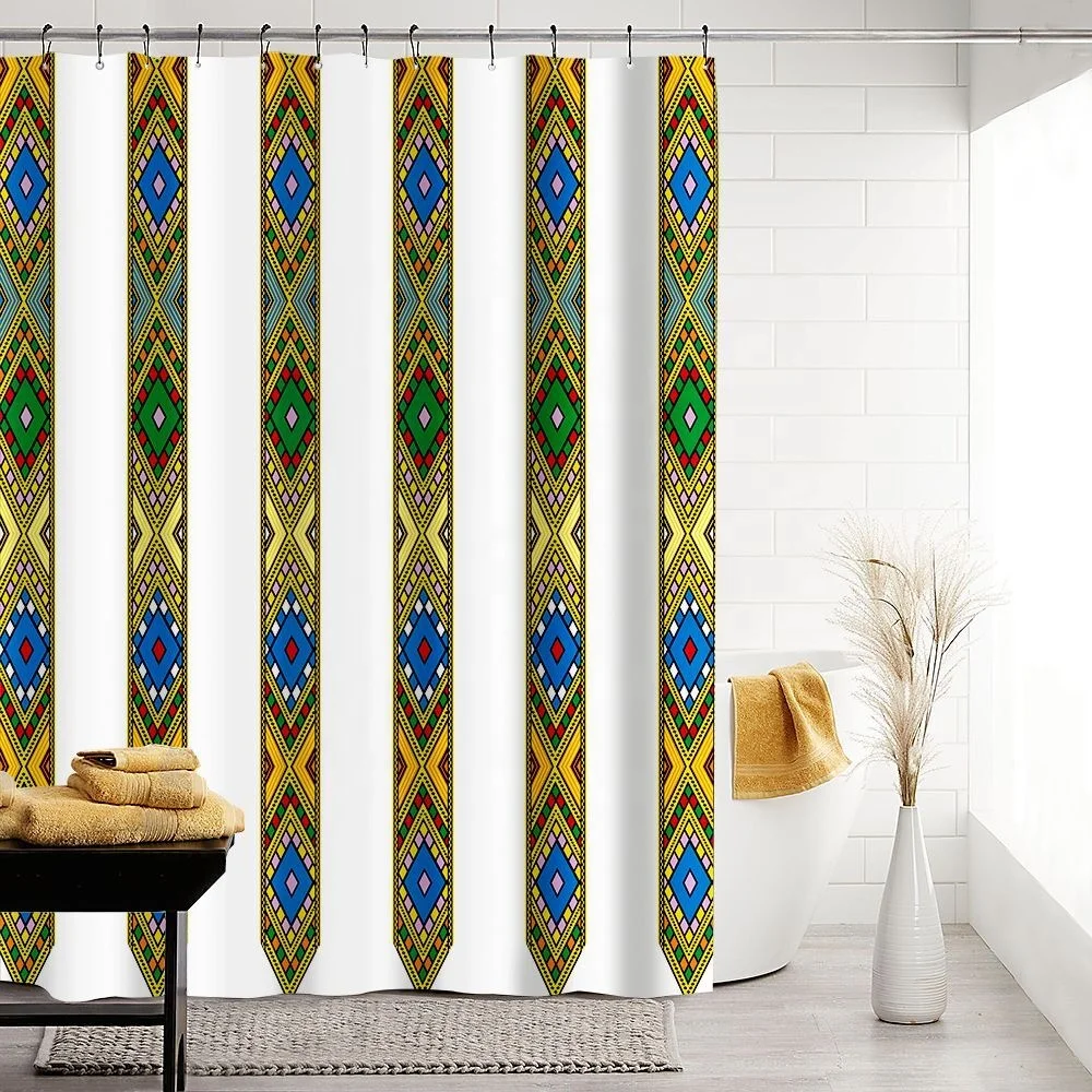 Hot Sale Saba Telet African Ethiopian Traditional Waterproof Polyester Shower Curtain Liner for Bathroom