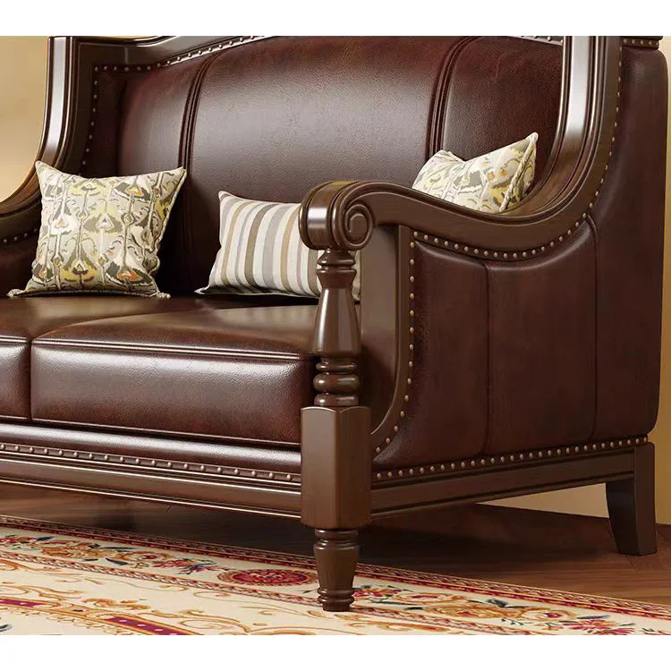 American pastoral style Classic Living Room Hotel Furnitures Wooden 4 Seater 1 2 3 Luxury genuine Leather Solid Wood Sofas Set