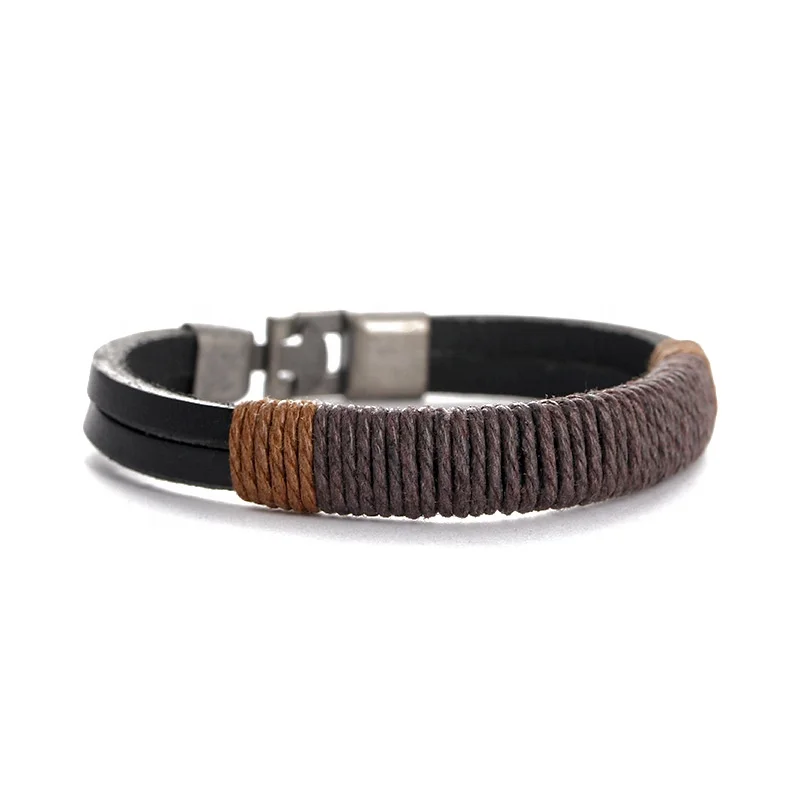 Steel Black Leather Twine Bracelet Hand Woven PU Leather Bracelet Wholesale