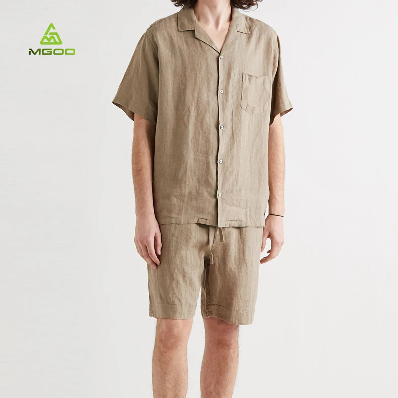 MGOO OEM кемпинговый воротник льняной пижамный комплект дышащая прочная Ночная Пижама Мужская пижама шорты комплект